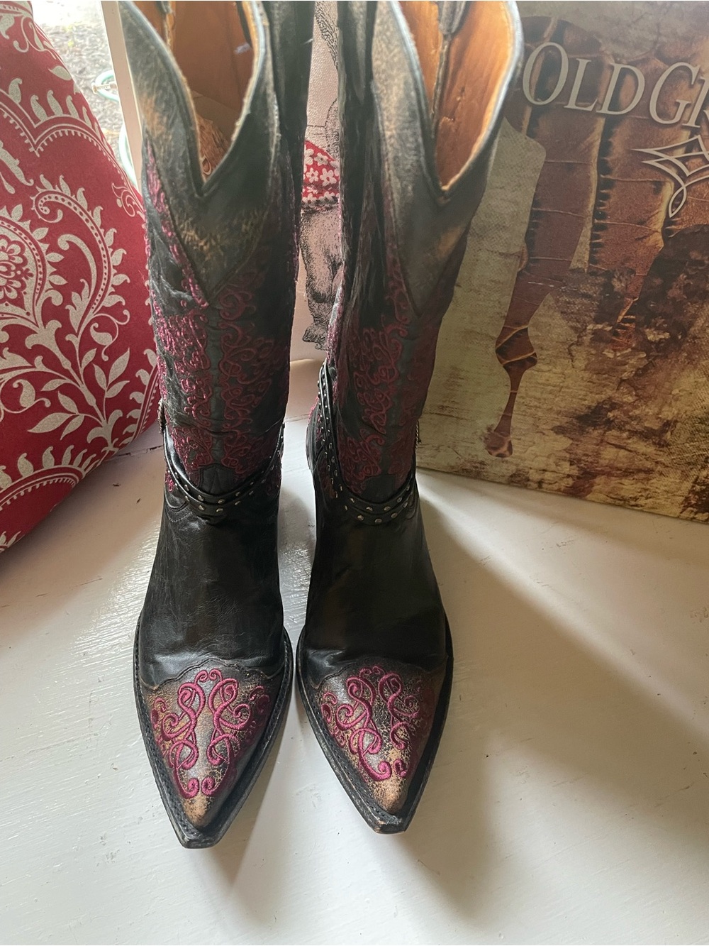 Old Gringo Black Leather Western Boots with Red Embroidered Details
